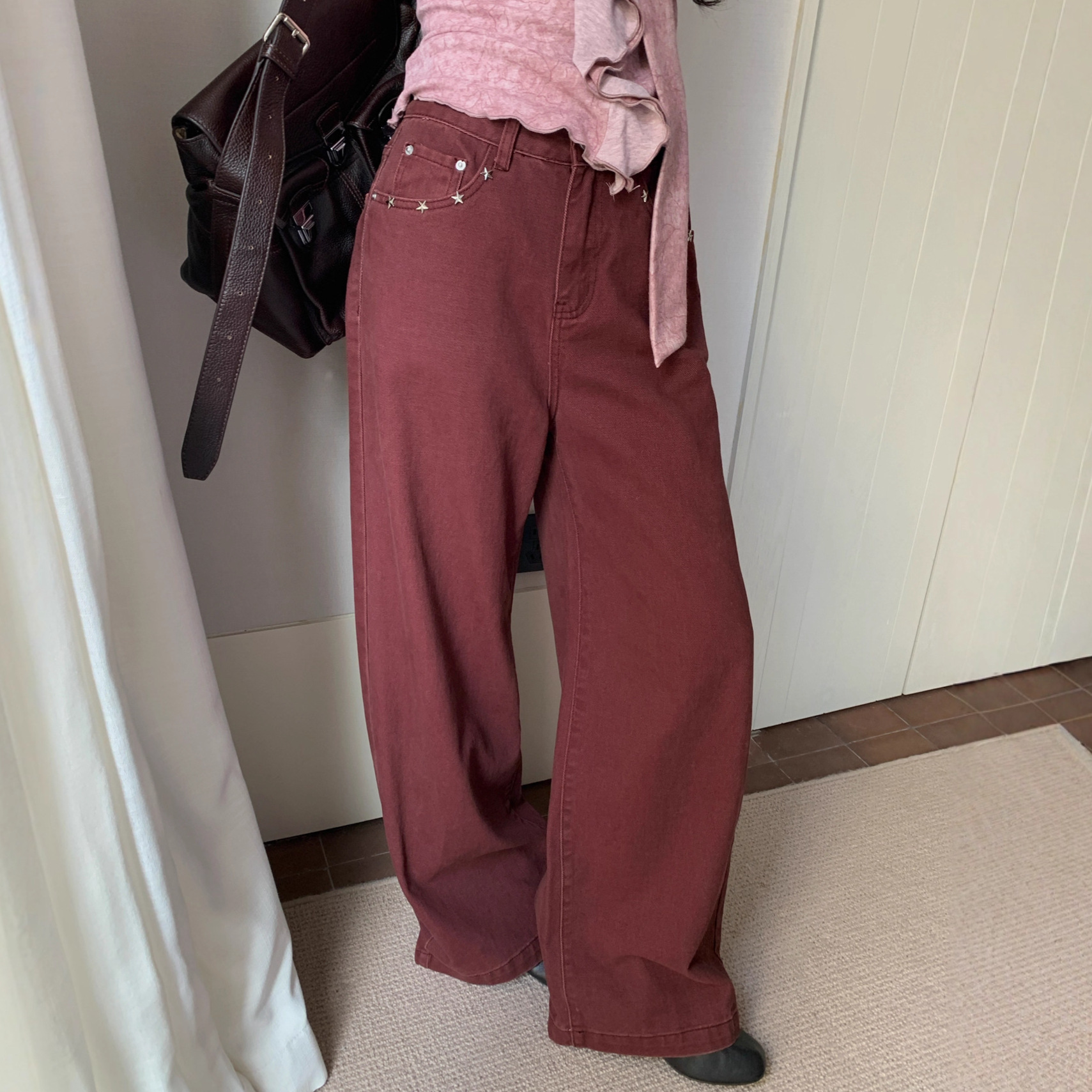 广州十三行25秋休闲简约拖地长款宽松阔腿中腰牛仔裤女F6896