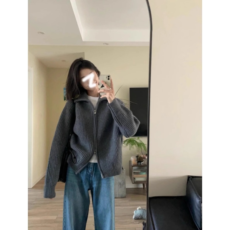 双拉链针织开衫女秋冬季软糯坑条毛衣洋气高领上衣外套