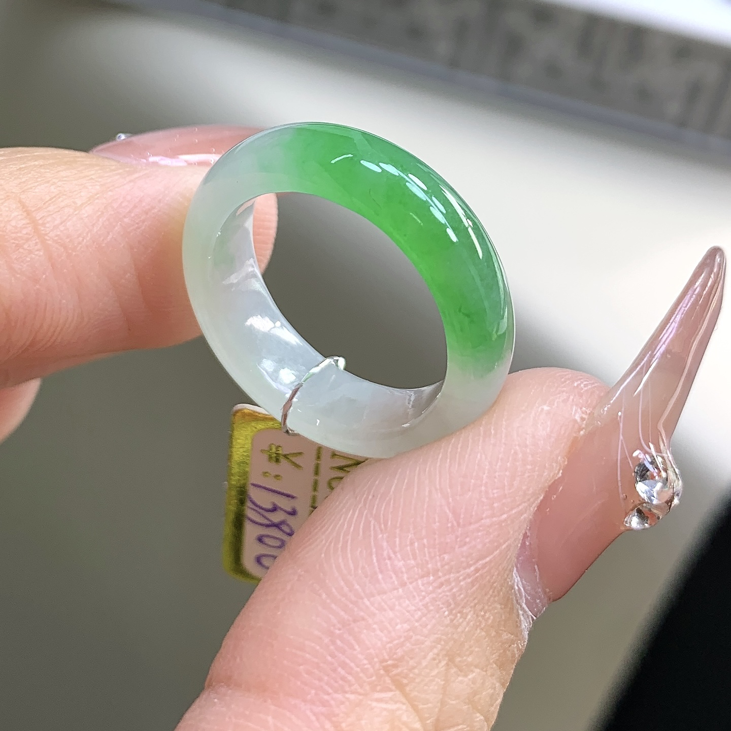 冰种阳绿缅甸翡翠戒圈12号 白底青飘正阳绿戒圈 16.1-5.8-3.3mm