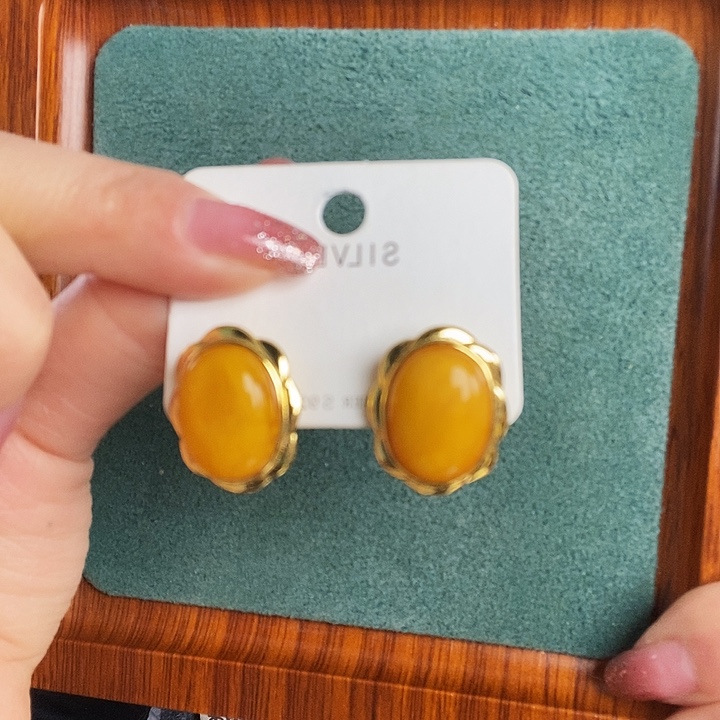 蜜蜡银S925镶嵌耳饰耳钉