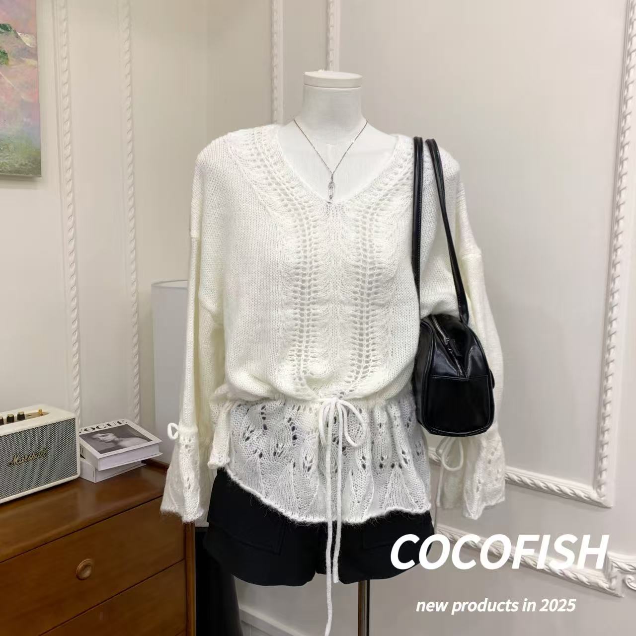 氛围感法式V领镂空针织毛衣#HH108