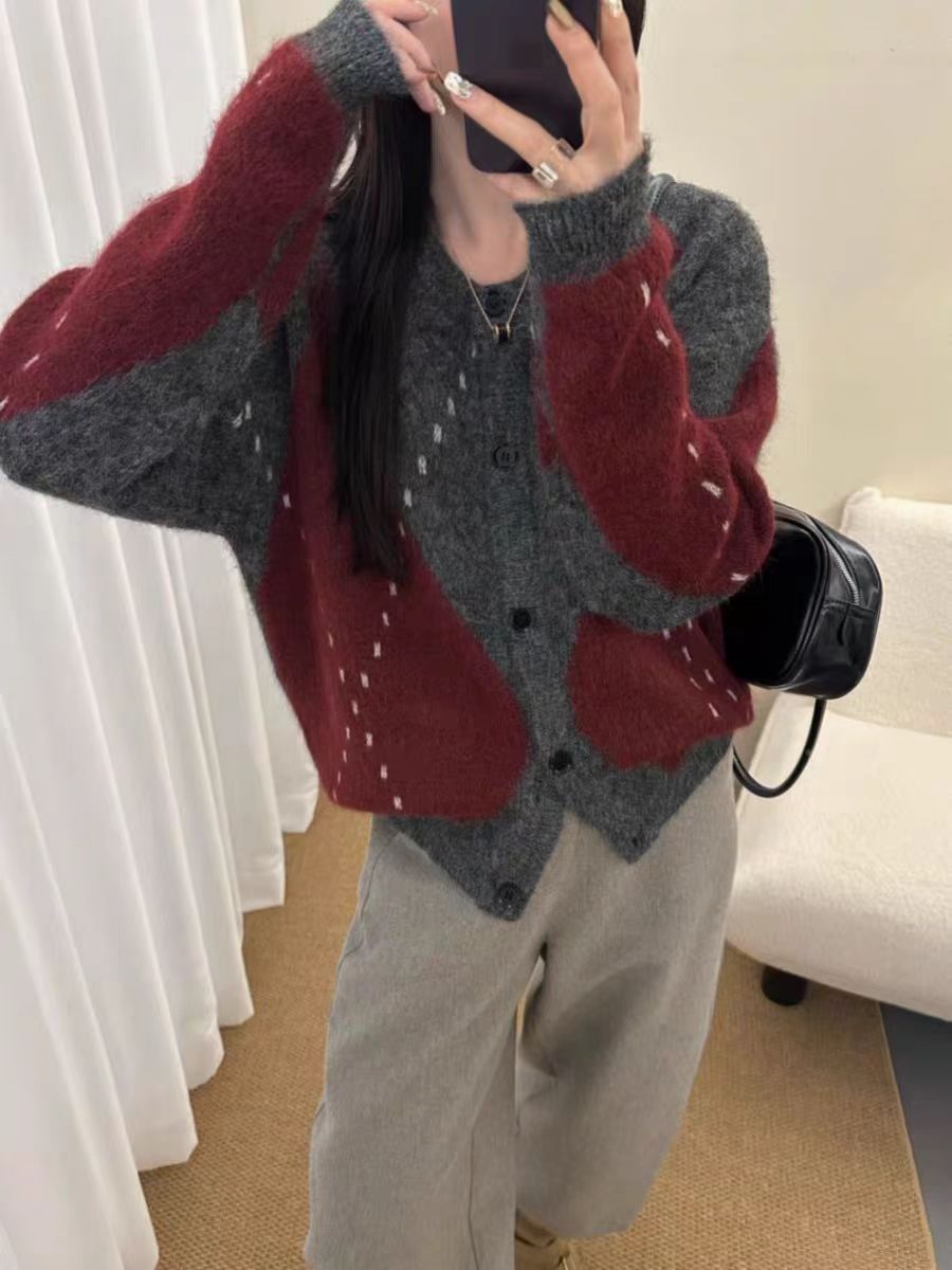 【菱形开衫-红】复古菱形格针织开衫女士圆领撞色氛围感气质减龄
