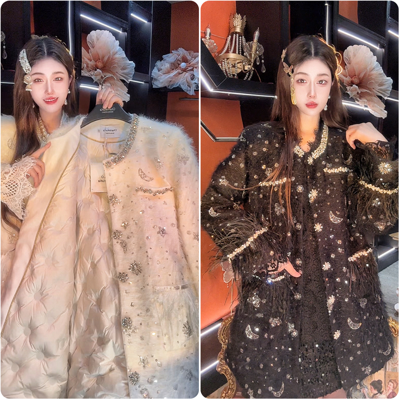 【星月之恋】62173珠片星月闪亮羽毛镶边羽绒服