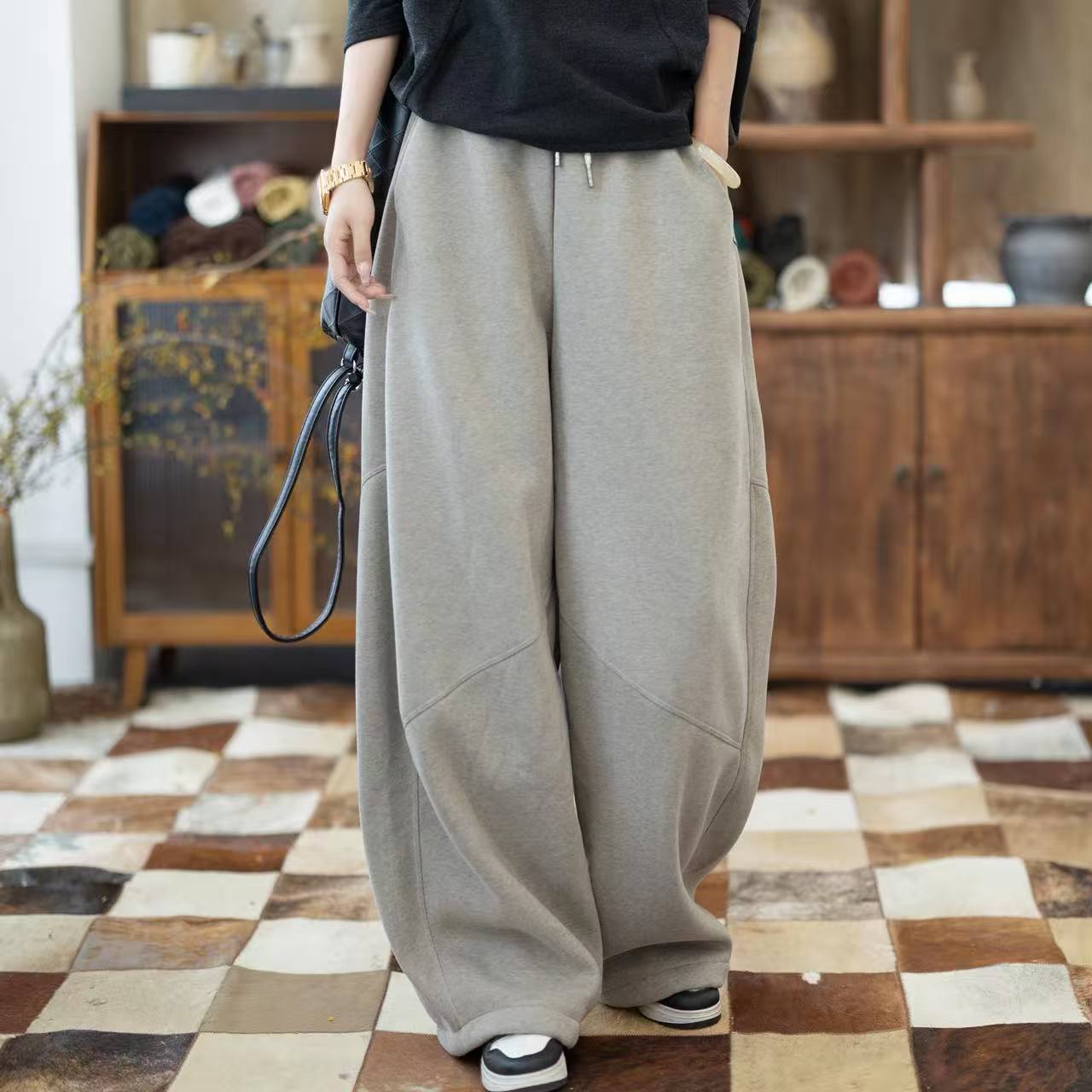 【VOG原创】裤长99-103 休闲裤风弯刀裤纯色保暖阔腿裤秋冬厚款C449