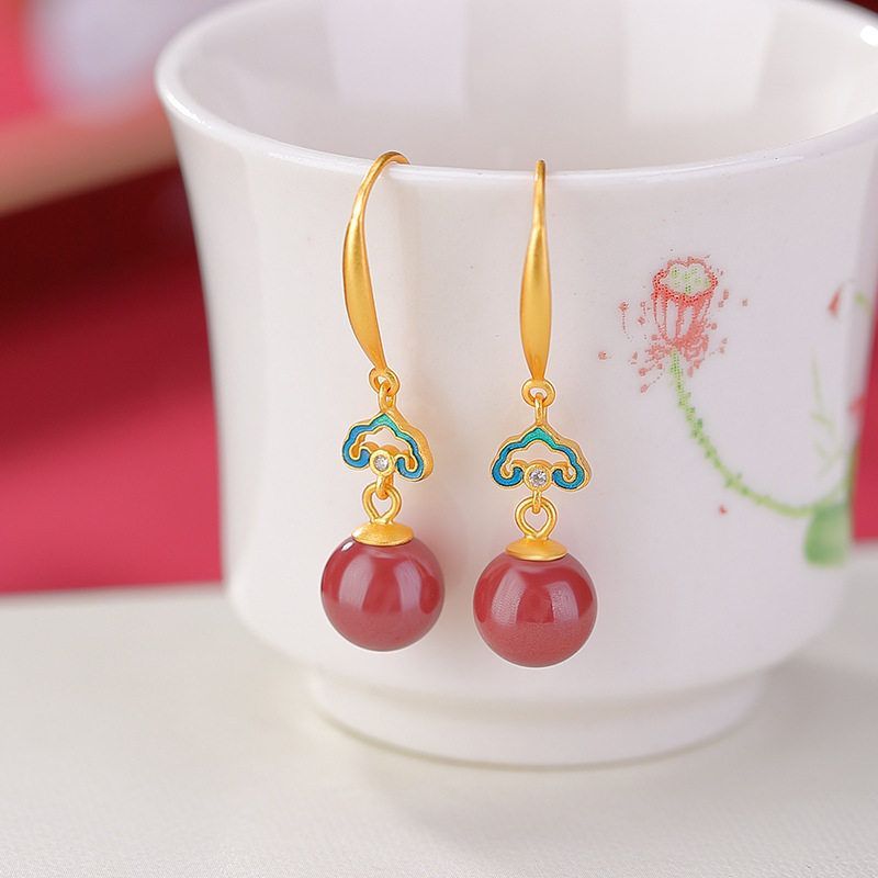 天然辰砂通体纯银镀金朱砂圆珠如意中式国风轻奢