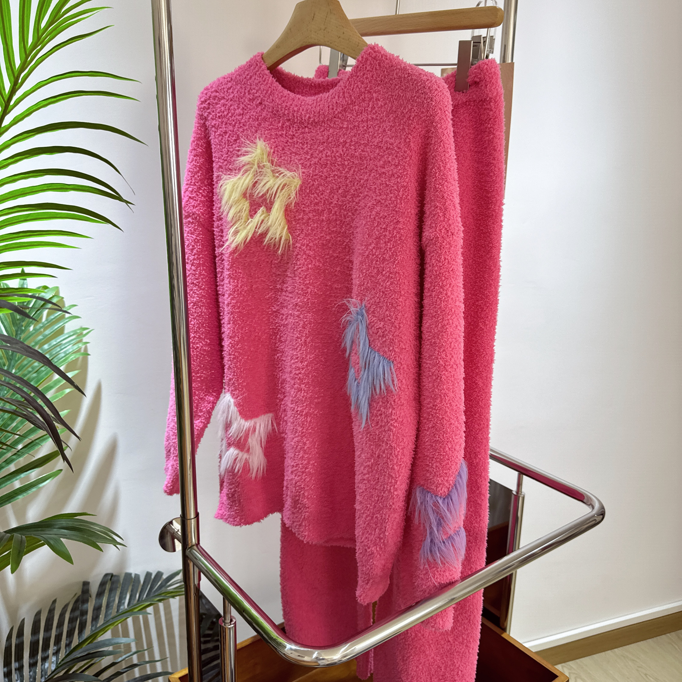 睡衣女秋冬半边绒立体星星套头宽松家居服套装可外穿加绒加厚