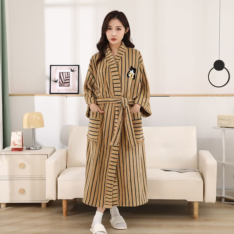 条纹加厚浴袍保暖系带男女情侣同款睡袍居家实用舒适家居服中长款