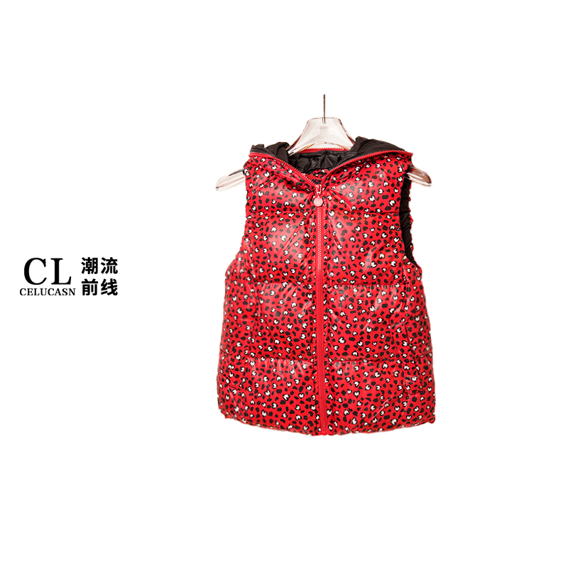 Y23191486#豹纹厚马甲女冬季新款休闲印花简约保暖连帽背心上衣