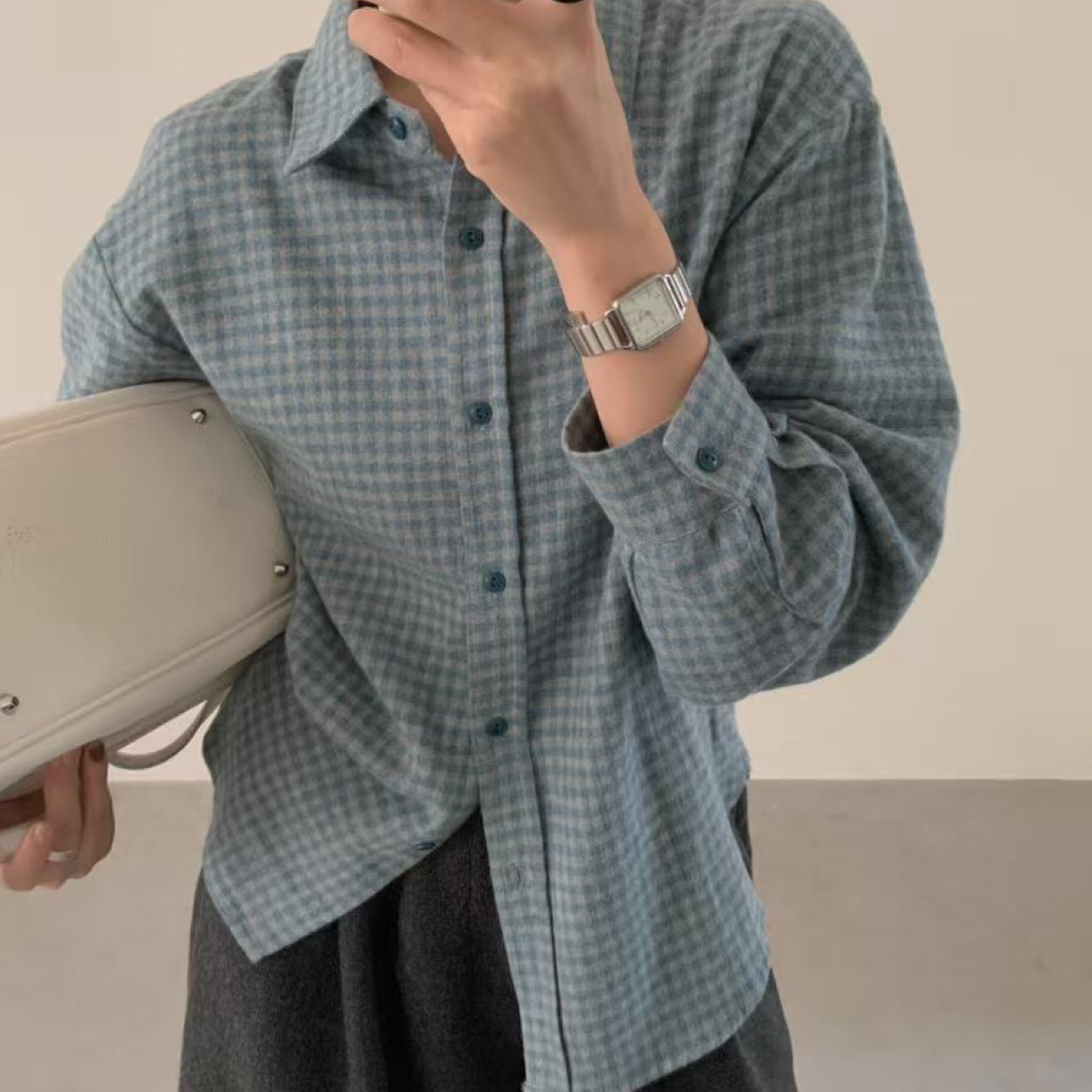 【ENXI】韩系格子磨毛刺绣宽松叠穿衬衫5A3235