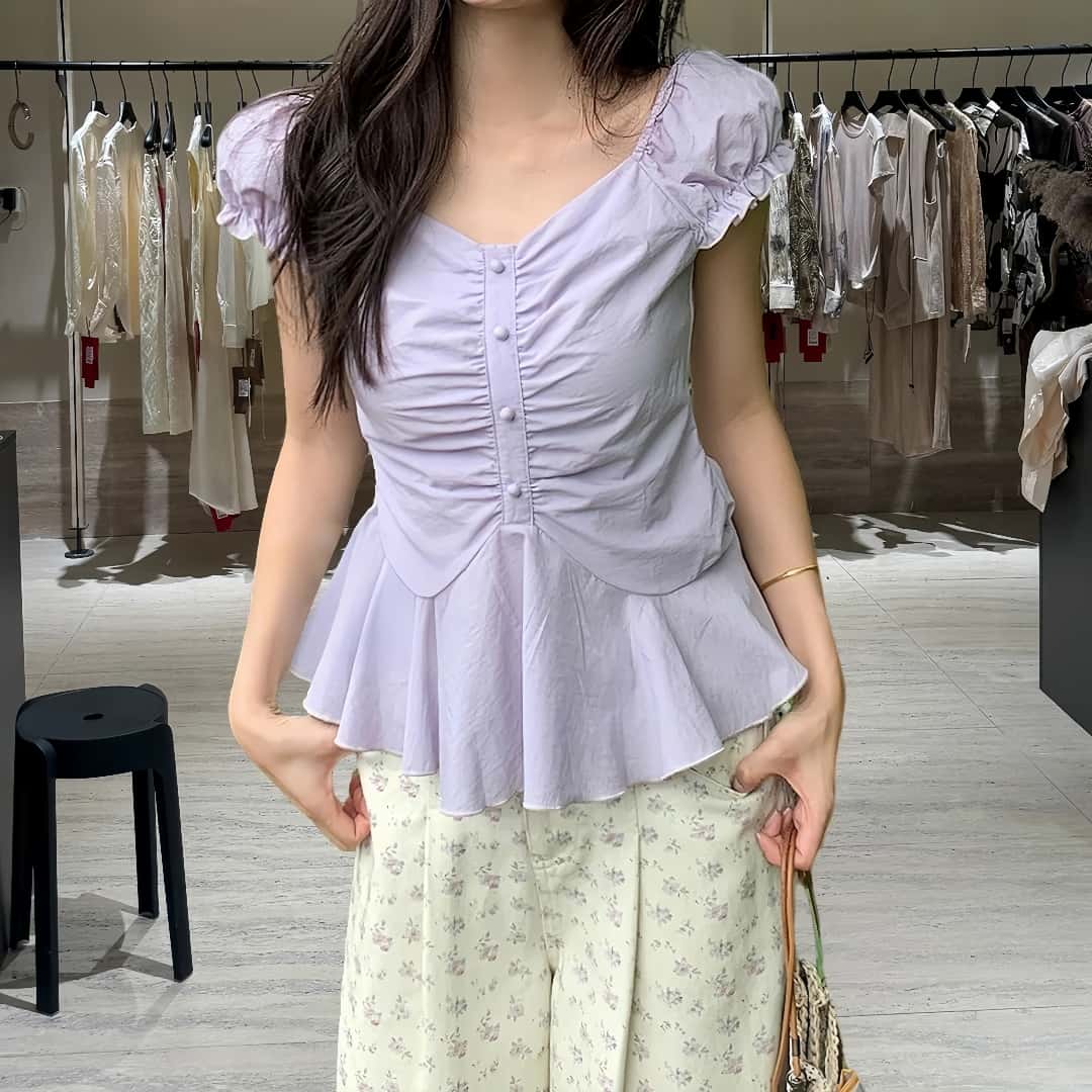 韩版泡泡袖衬衫上衣女2025夏季新款法式田园风收腰短款别致小衫潮