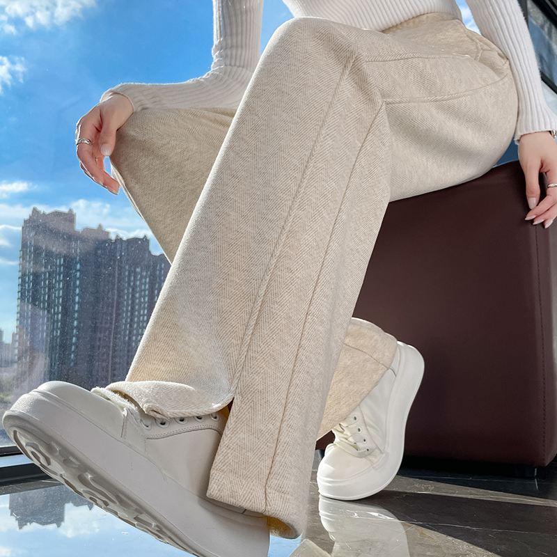 毛呢人字纹开叉香蕉阔腿裤女2025秋冬九分大码直筒宽松休闲裤女