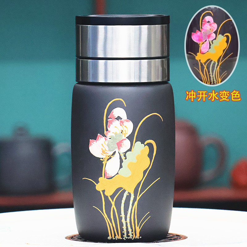 宜兴紫砂弹盖式直筒泥绘荷花车载双层感温变色杯400毫升网红