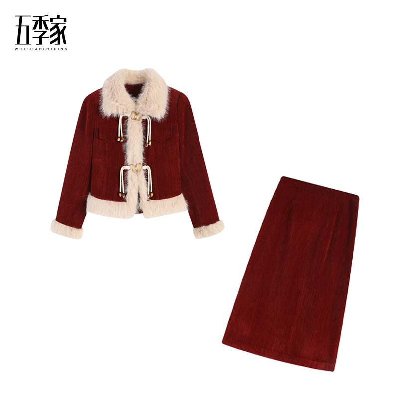 年终清仓毛绒边拼接上衣外套加厚长半裙两件套五季家ZL102265