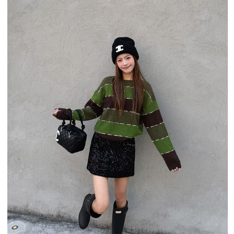 Basic House/百家好秋冬新品条纹显瘦百搭长袖针织衫 B0825C50982