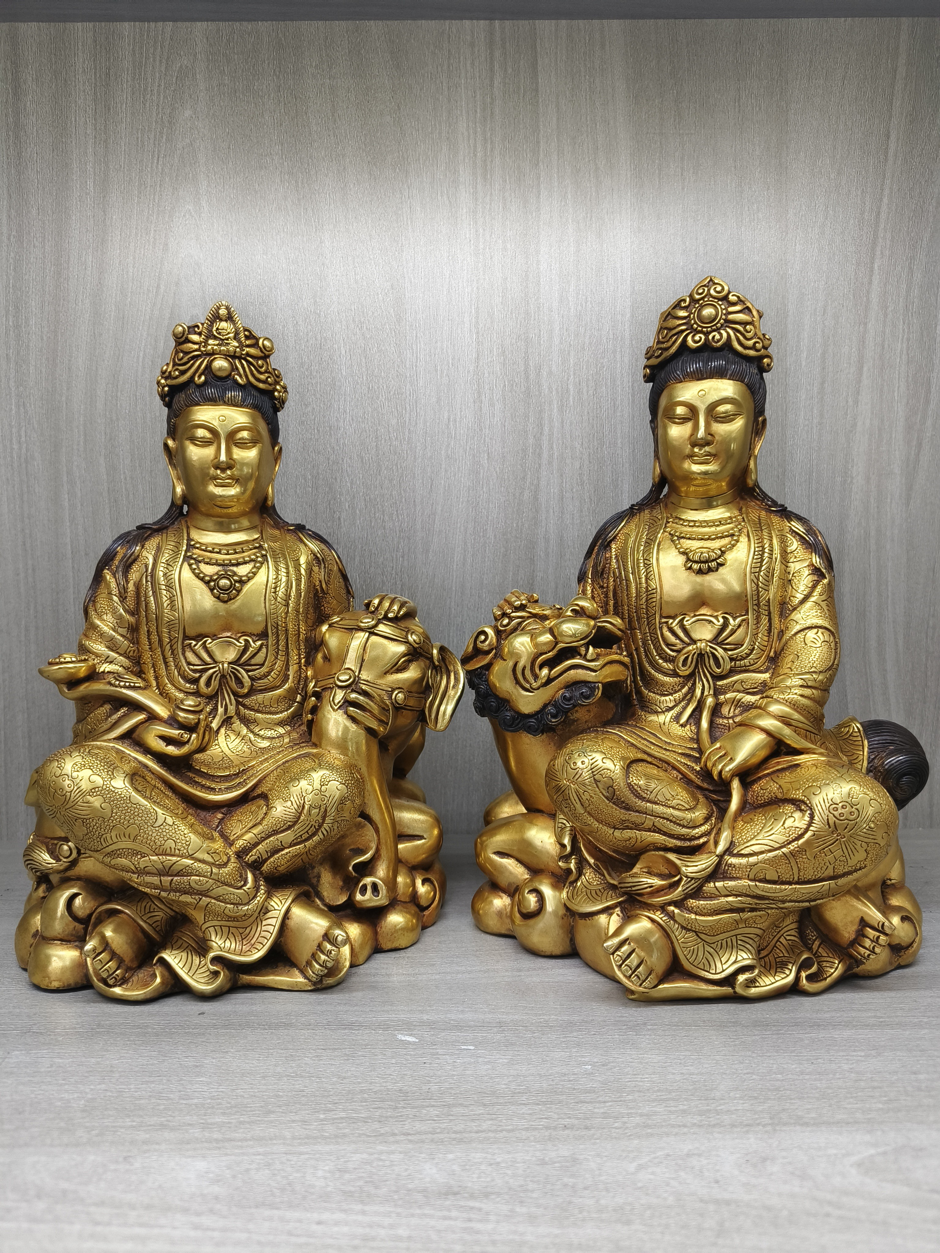 精铸紫铜鎏金文殊普贤  高28cm