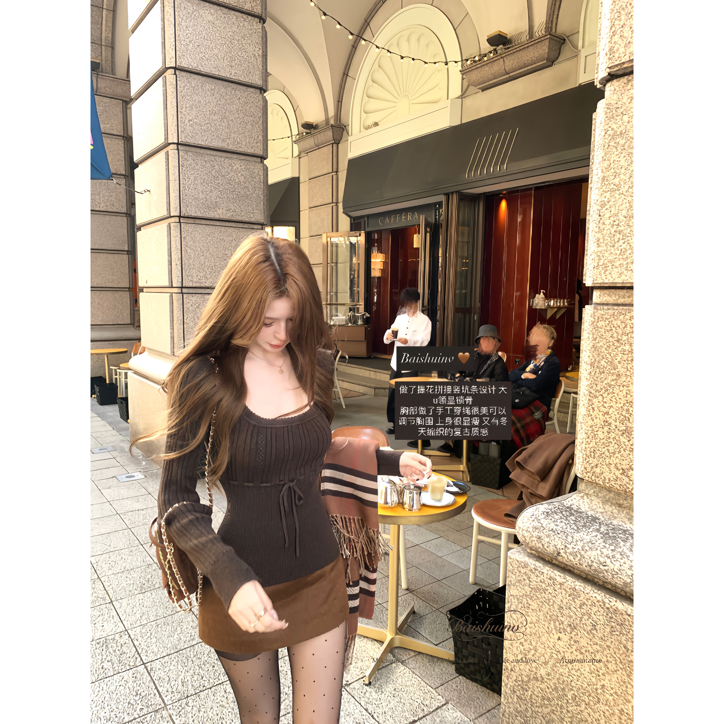 白水女嗲欲羊毛  U领系带纹理针织衫女冬纯欲保暖上衣 B51155583