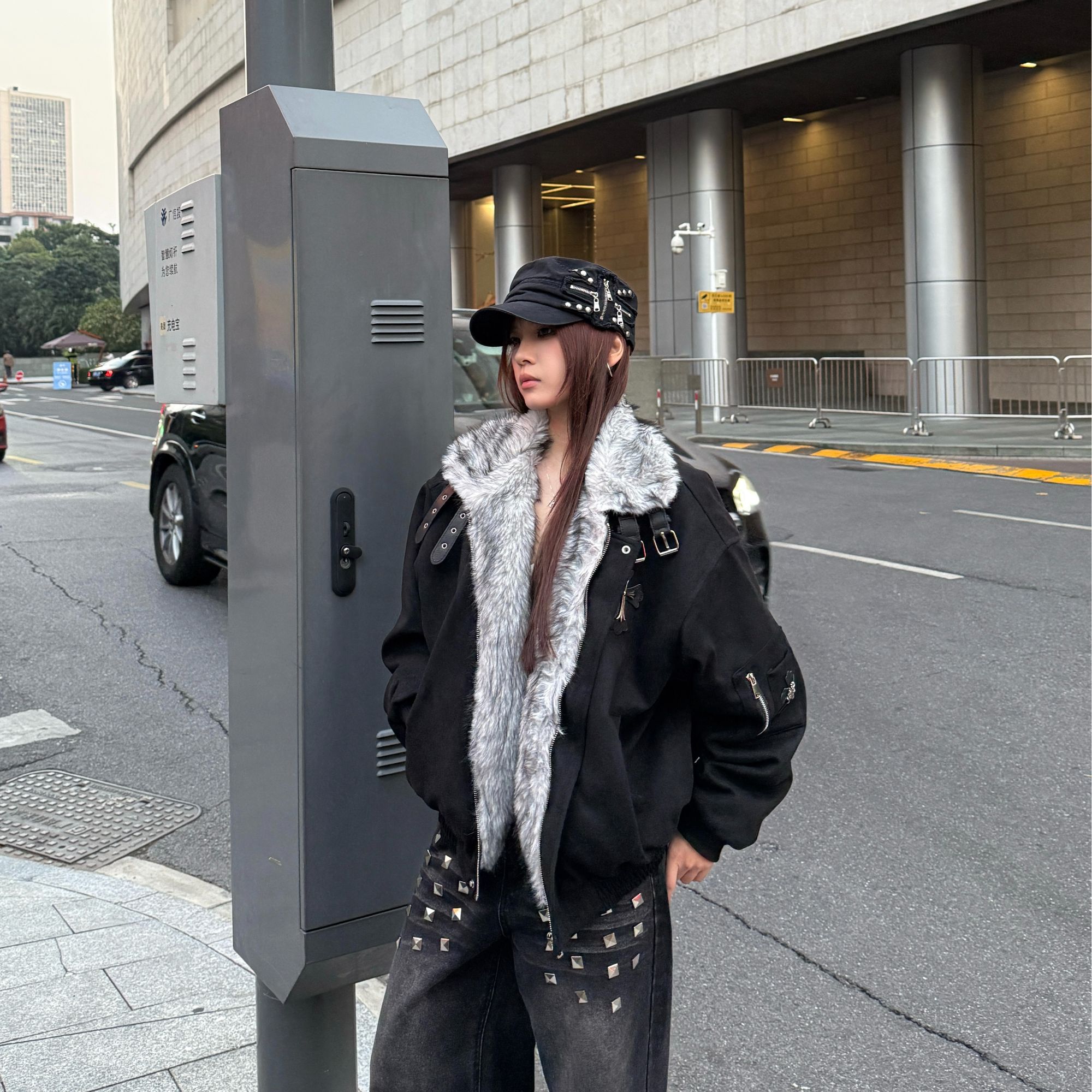 HottieDiary 毛领拼接座山雕棉服外套加绒加厚夹克街头百搭