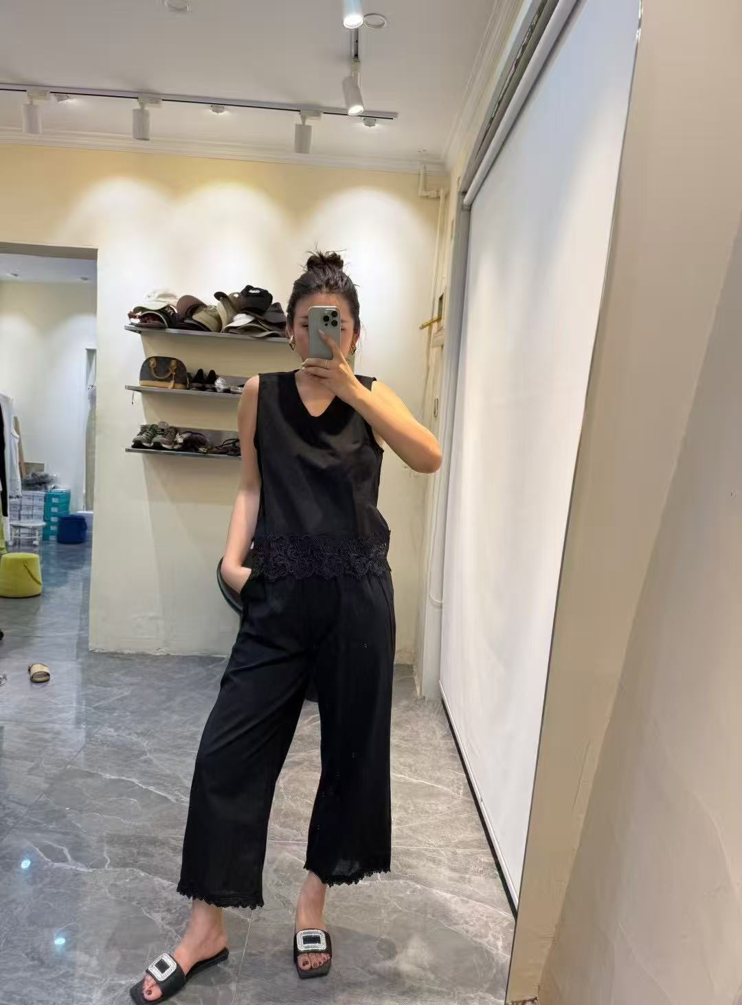 【R·YING】25ss新款v领镂空拼接套装两件套