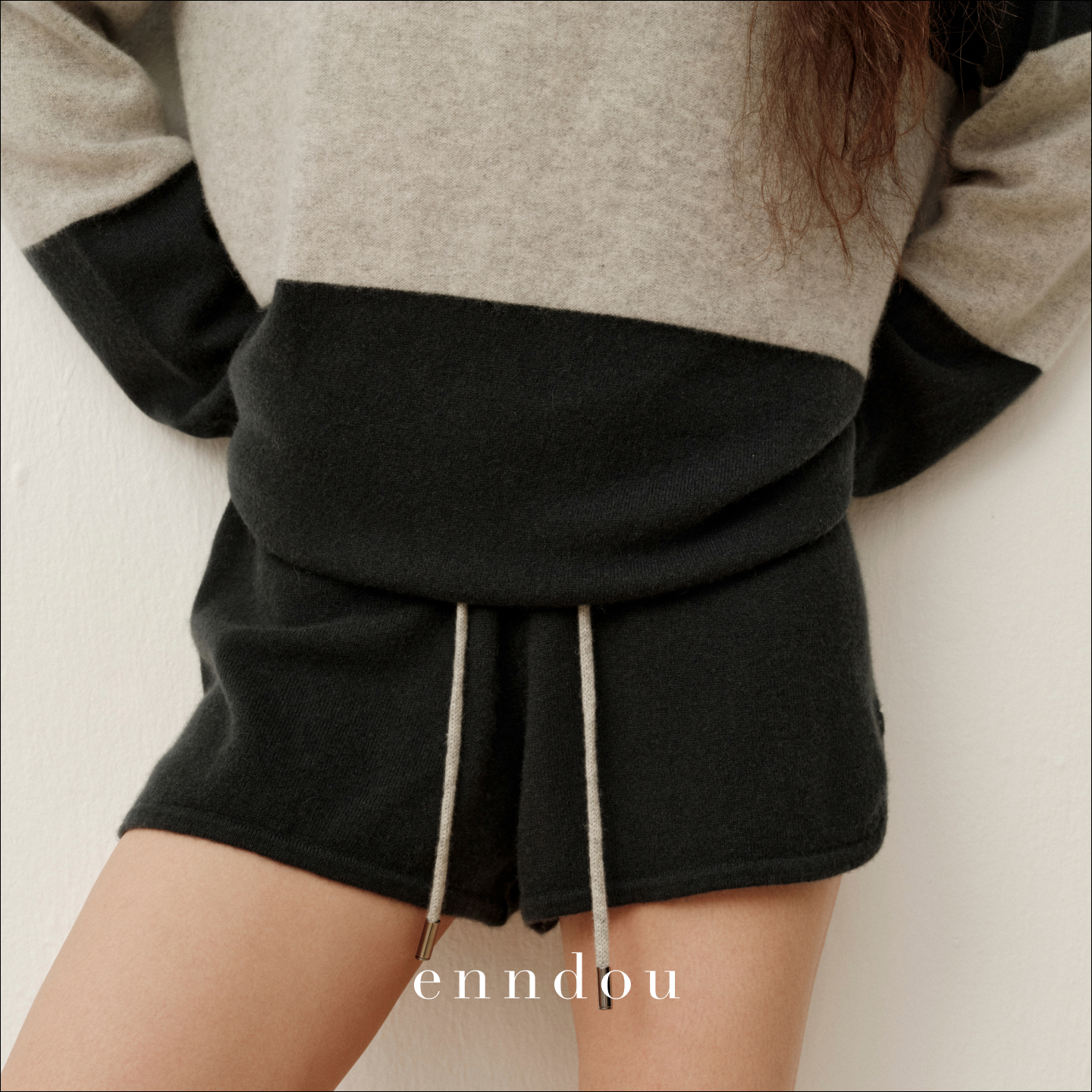 enndou 100%羊绒高腰针织短裤秋装新款原创显瘦直筒裤针织休闲裤
