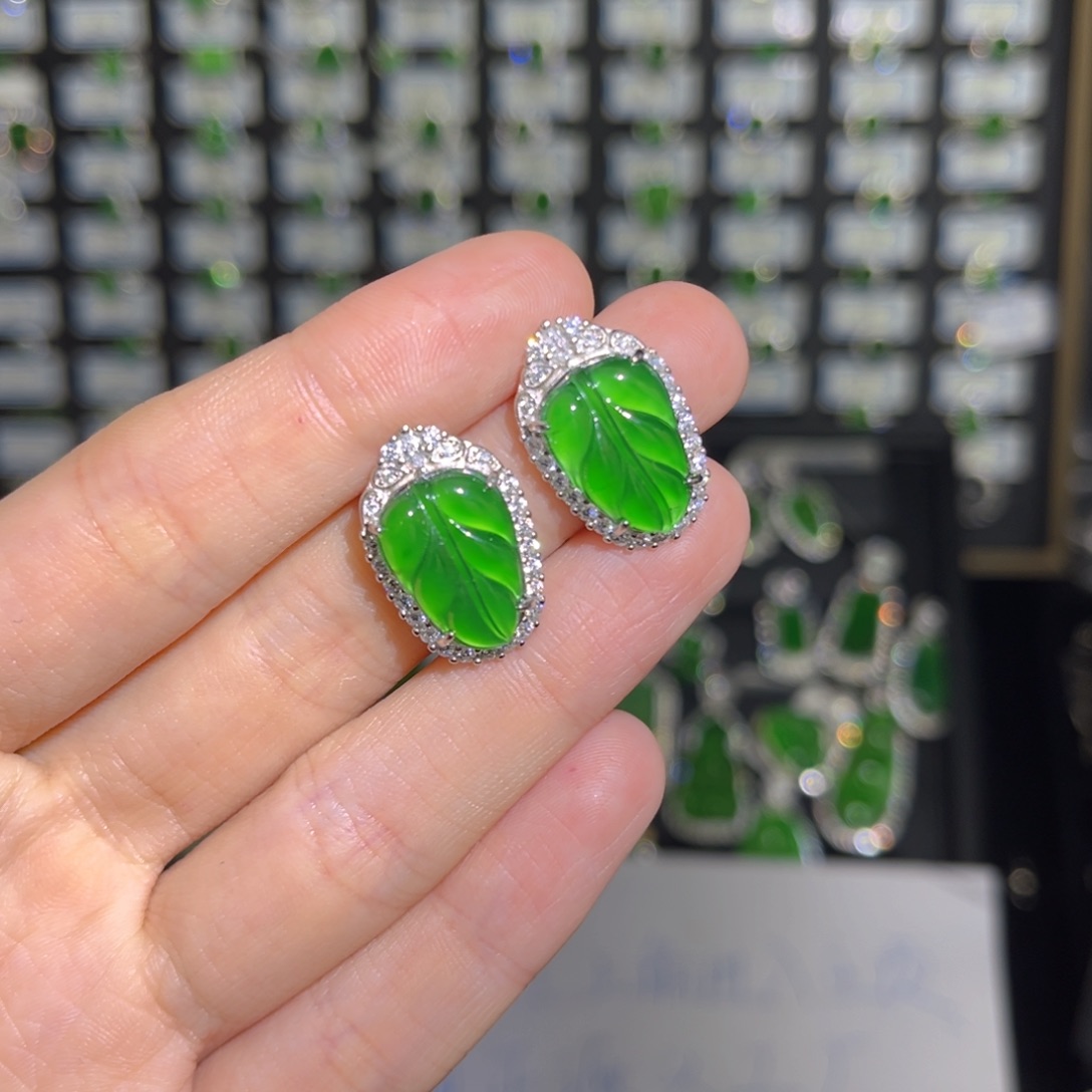 翡翠银S925镶嵌戒指卡15叶子耳钉