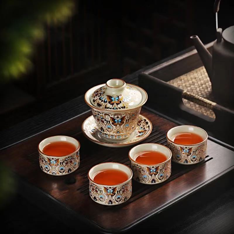 （带茶盘）掐丝牡丹三才盖碗+4杯+茶盘whs1757