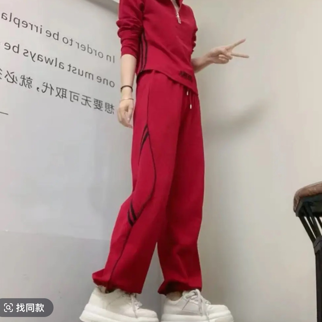 01秋季潮流长袖卫衣搭配直筒裤时尚运动套装