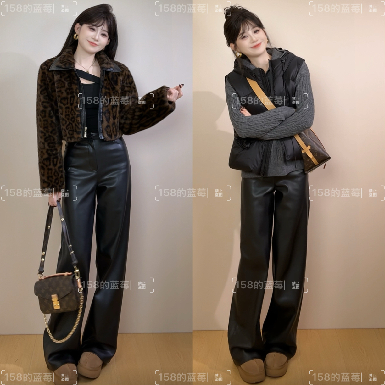 （运补6米）81077加绒遮垮显瘦高腰窄版阔腿裤直筒百搭宽松女士皮裤