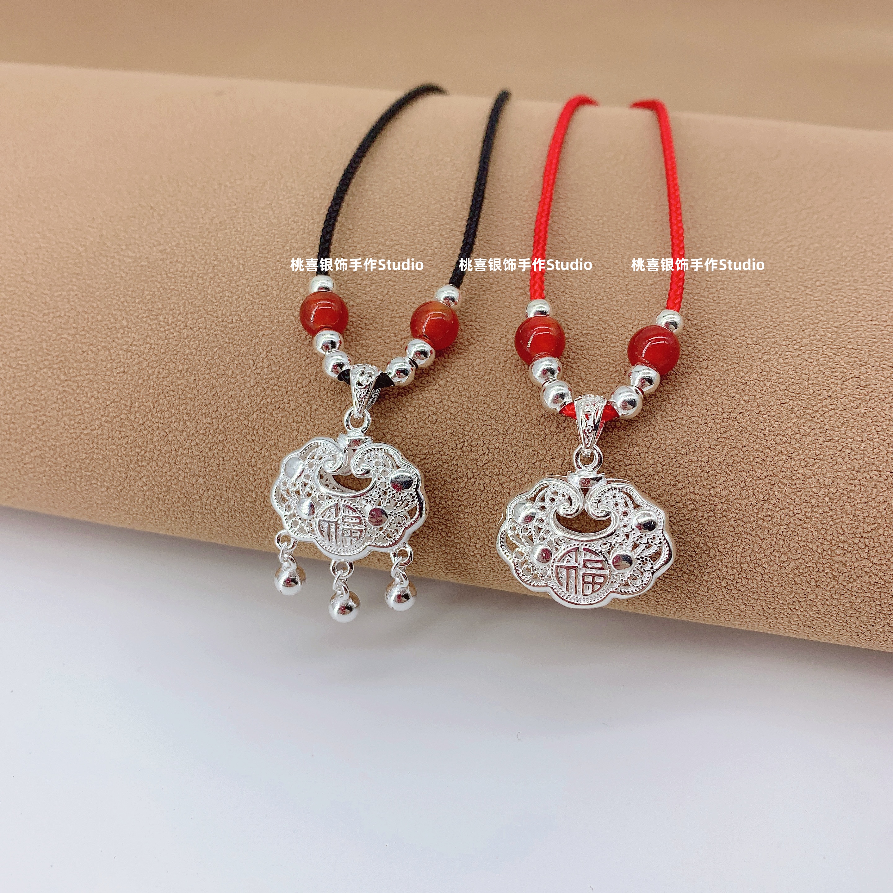 吊坠足银 福字平命锁【足银999】福字无铃铛银锁相思豆手工编绳百搭