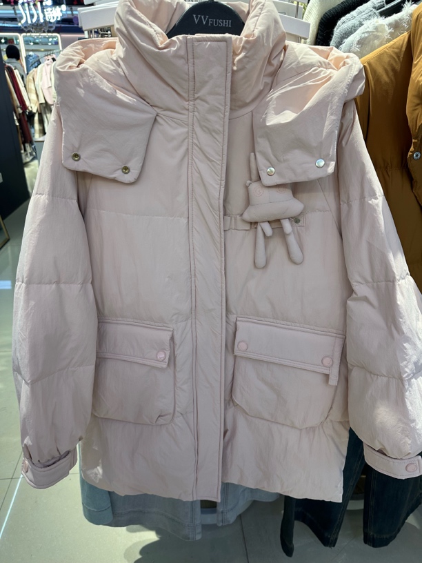 【VV FUSHI】R24118613休闲保暖连帽简约收腰百搭时尚中款棉服外套