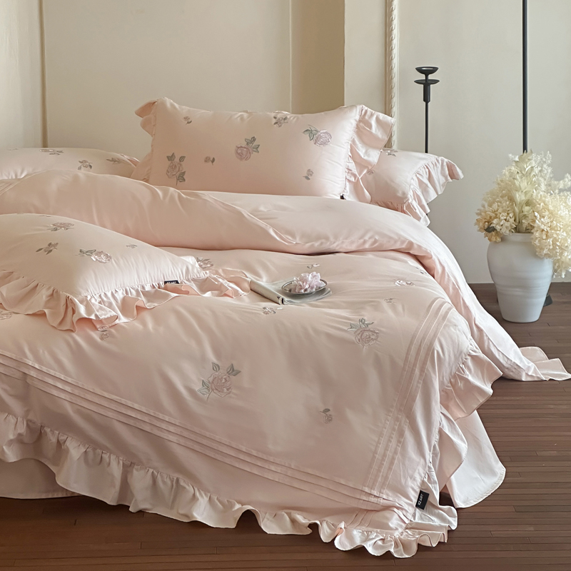 【晴美】高支高密贡缎长绒棉名媛风刺绣四件套-安茱丽雅系列-雅灰粉