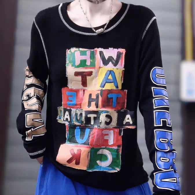 秋冬季半高领长袖显瘦高弹力大码螺纹印花圆领打底上衣88660-HW