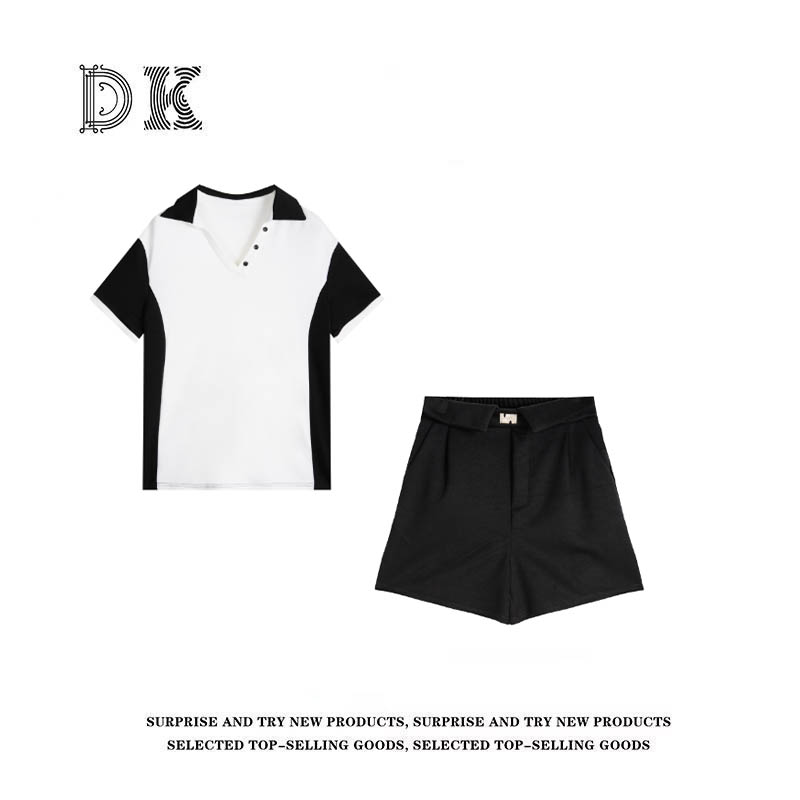 DK 2025夏季女装简约撞色翻领短袖衬衫搭配短裤两件套装 8153