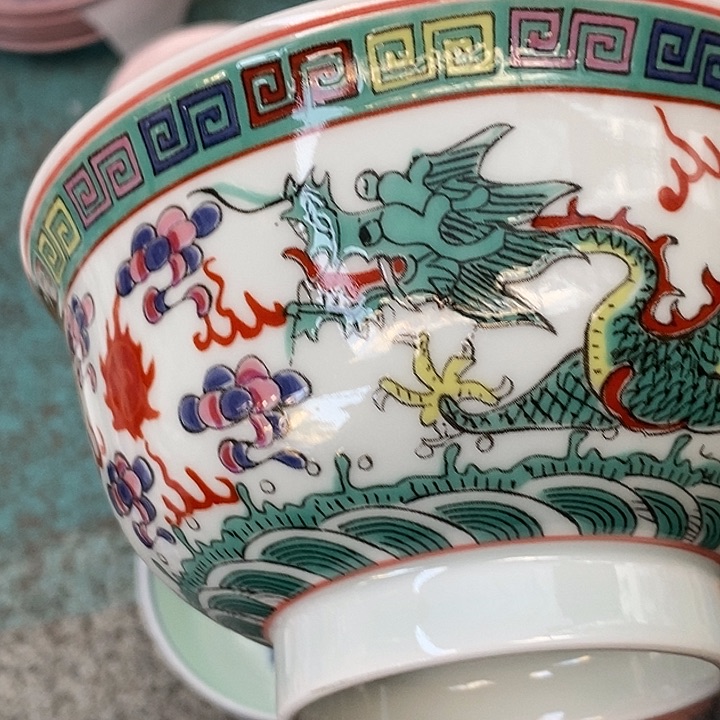 摆件陶绿稀土双龙戏珠5寸碗