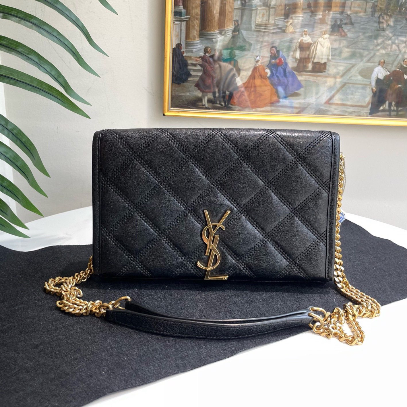 95新 YSL/圣罗兰 御古屋/25958/Becky黑金小号链条斜挎包
