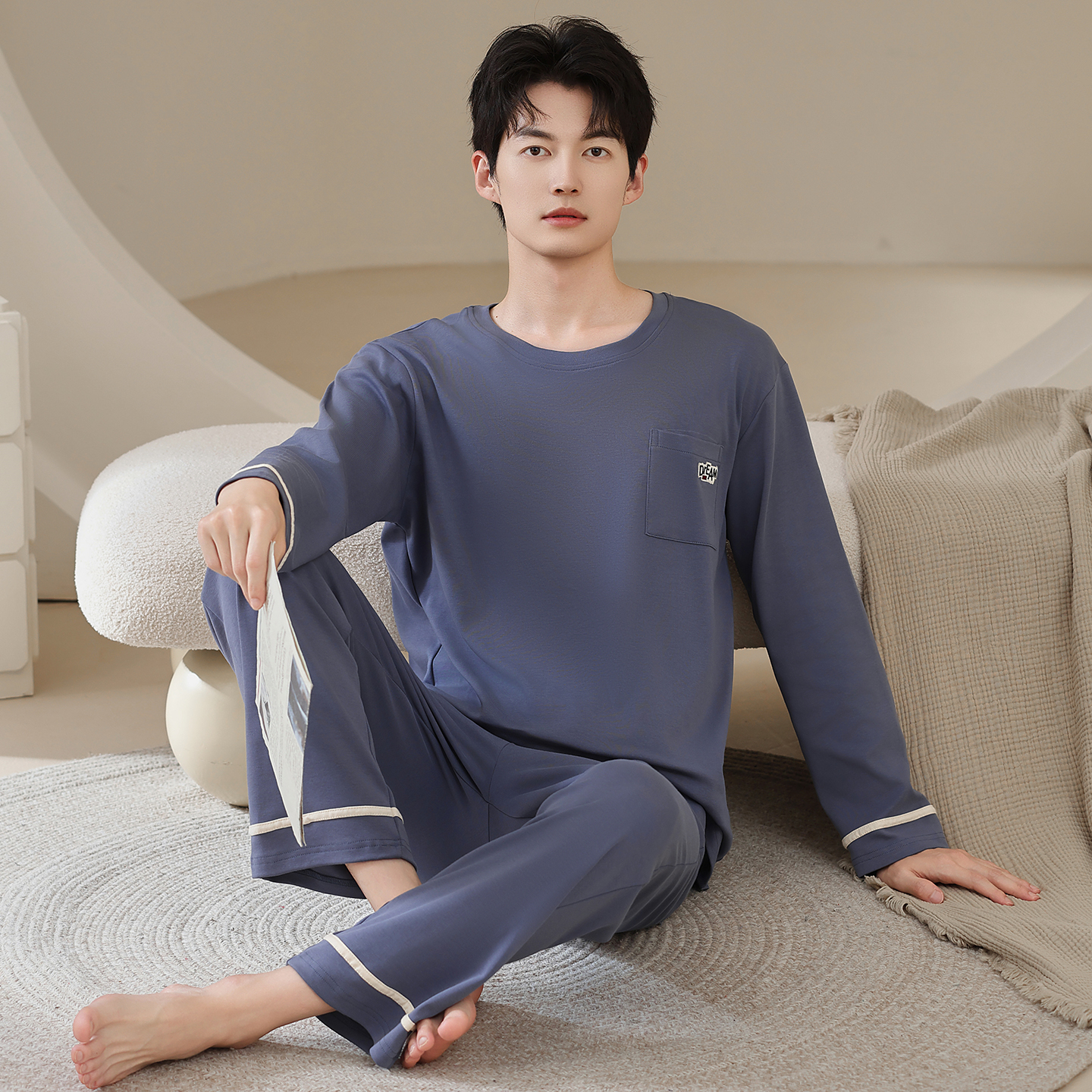 100%纯棉男士睡衣春秋季长袖薄款纯色青年宽松休闲全棉家居服套装