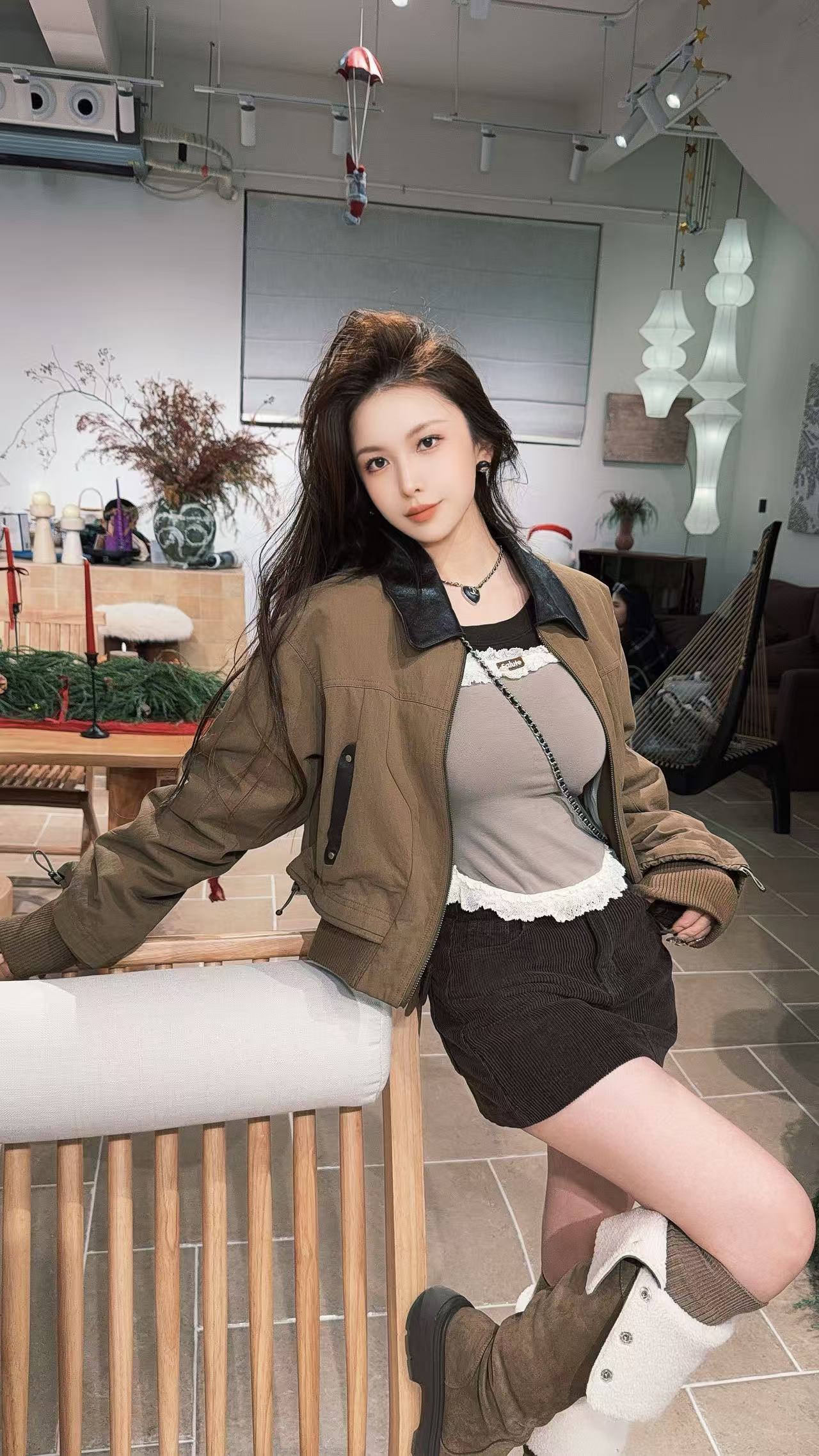 程北北 【美式女孩】机车风羊皮鹅绒服