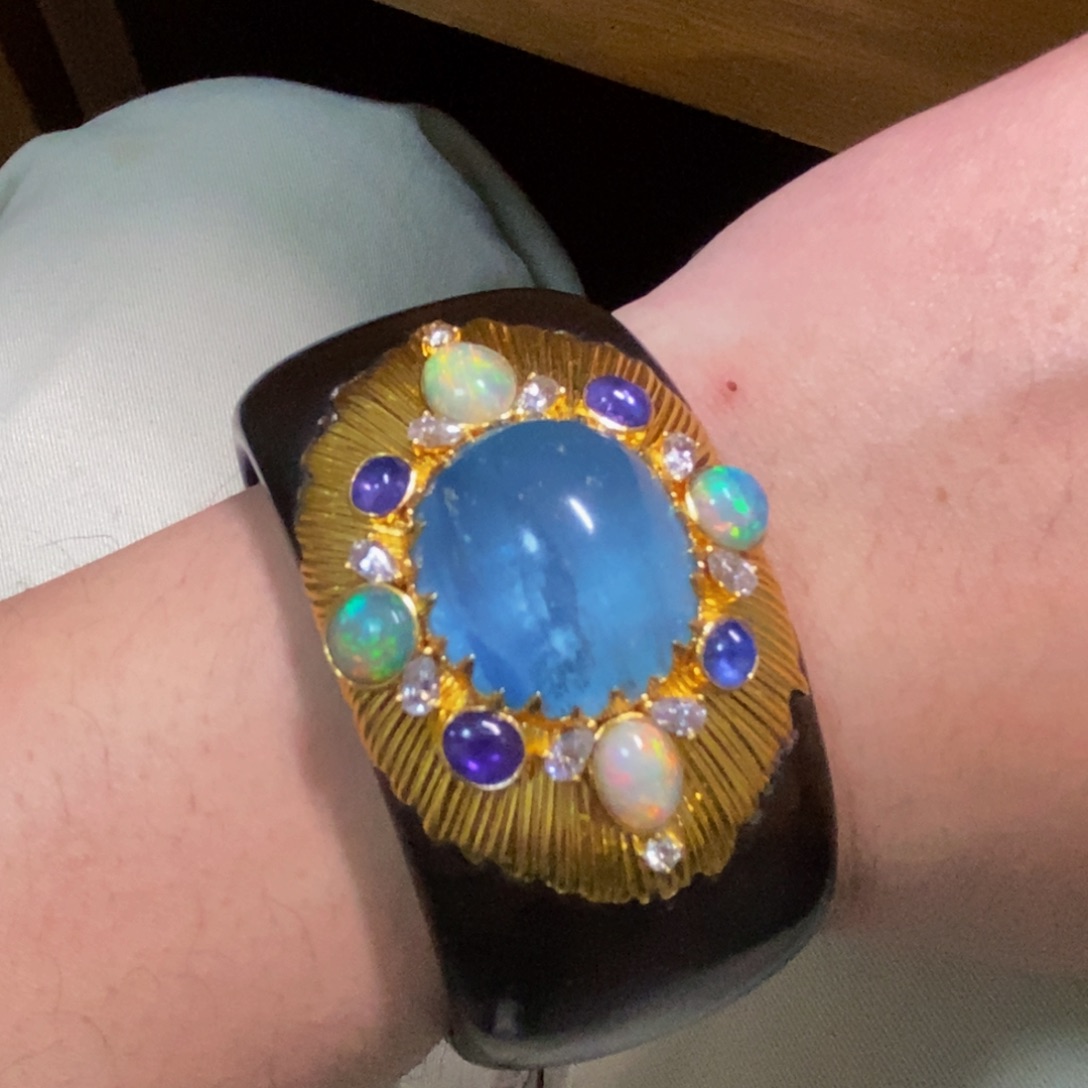 海蓝宝石手镯银S925镀金镶嵌海蓝宝紫蓝宝欧泊手镯