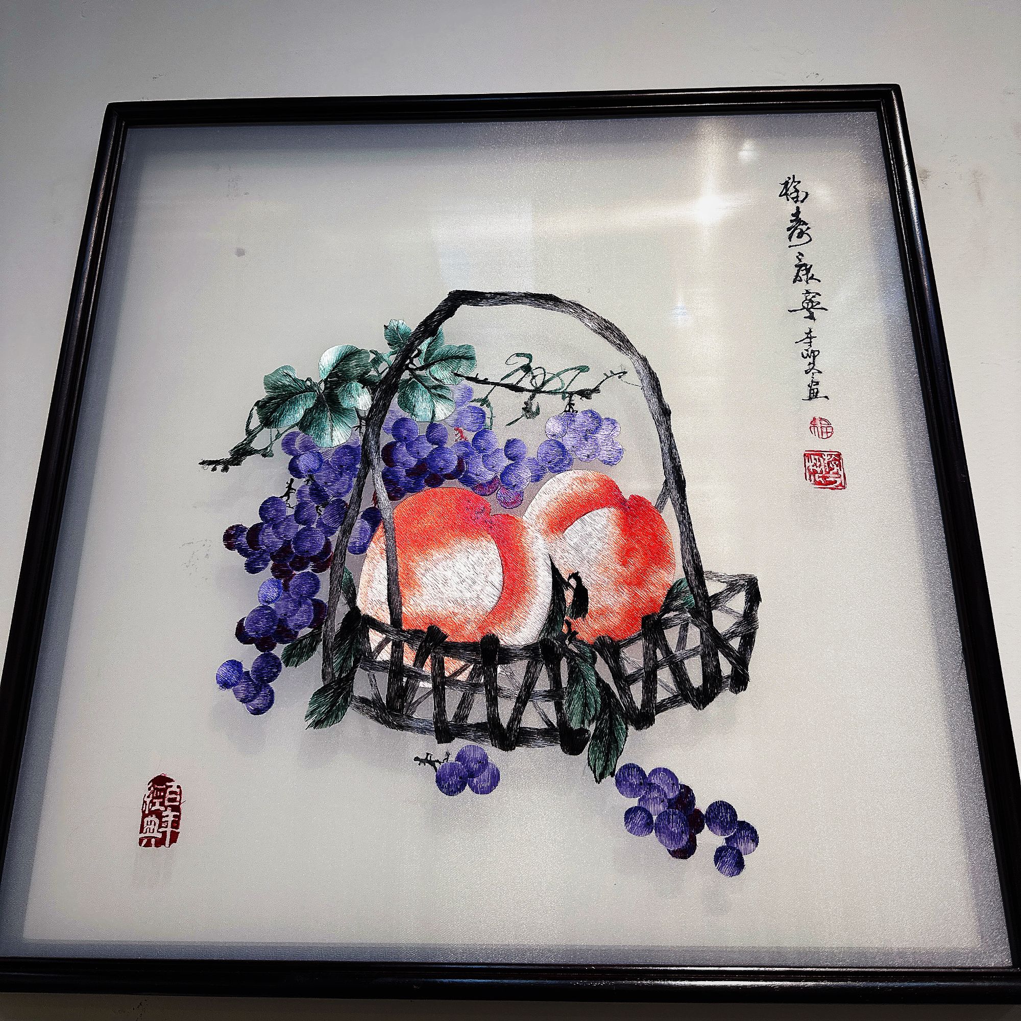 【福寿康宁】苏绣装饰画手工刺绣血檀边框尺寸60×60cm