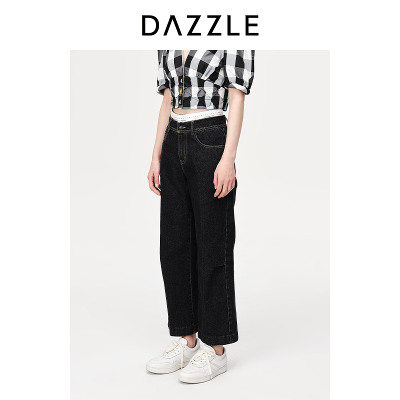 DAZZLE地素奥莱直筒牛仔裤新款黑色复古简约休闲裤子女2H2R403