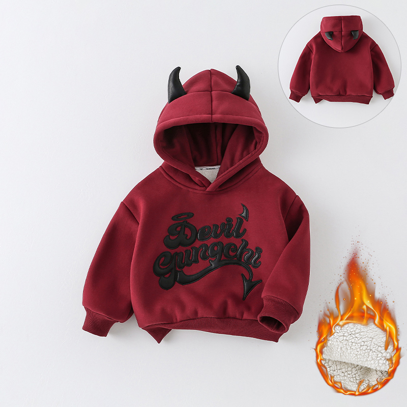 现货【厚绒】儿童加绒卫衣冬季新款男童字母小恶魔连帽上衣AS678