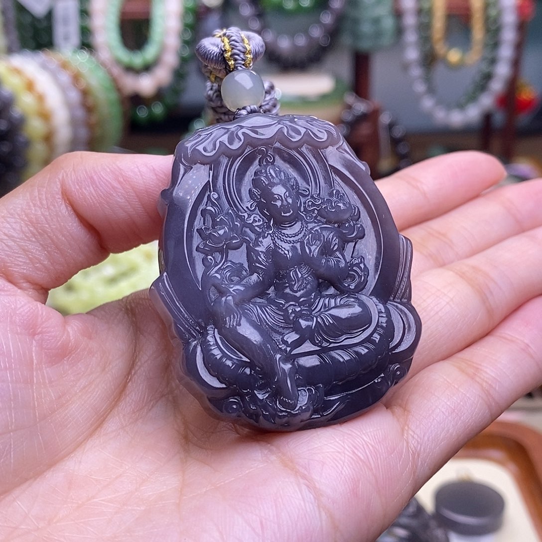 和田玉福利补贴浓烟紫渡母观音吊坠未镶嵌