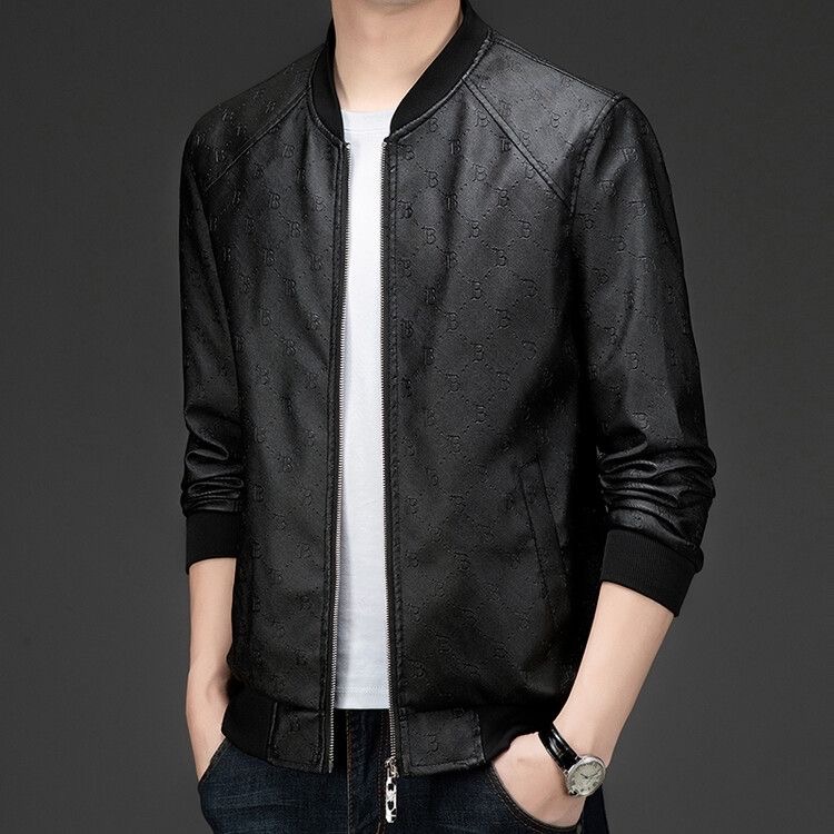 男士B字纹棒球服皮衣夹克外套