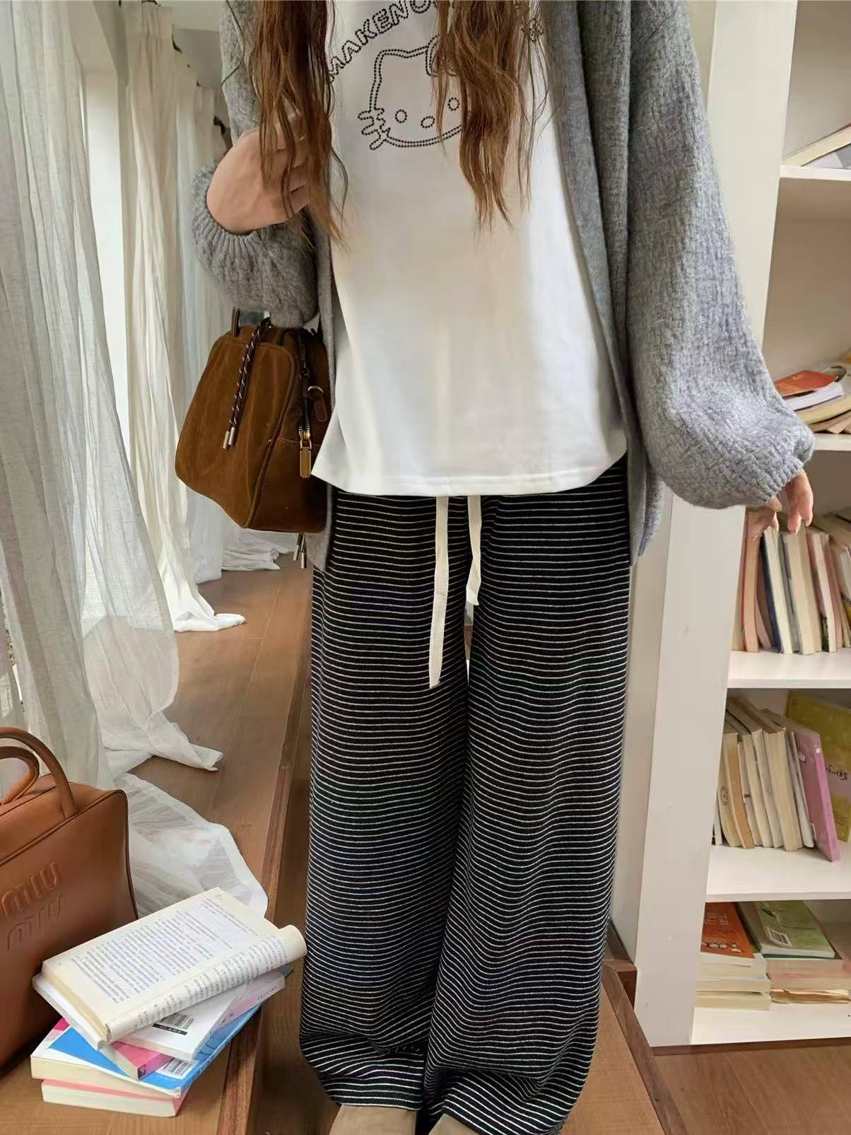 糯米条纹休闲裤显瘦抽绳百搭宽松