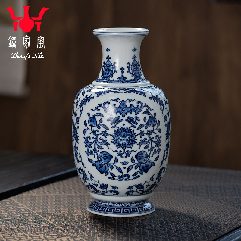 钟家窑陶瓷花瓶景德镇柴窑青花手绘点工缠枝福寿纹冬瓜瓶博古摆件