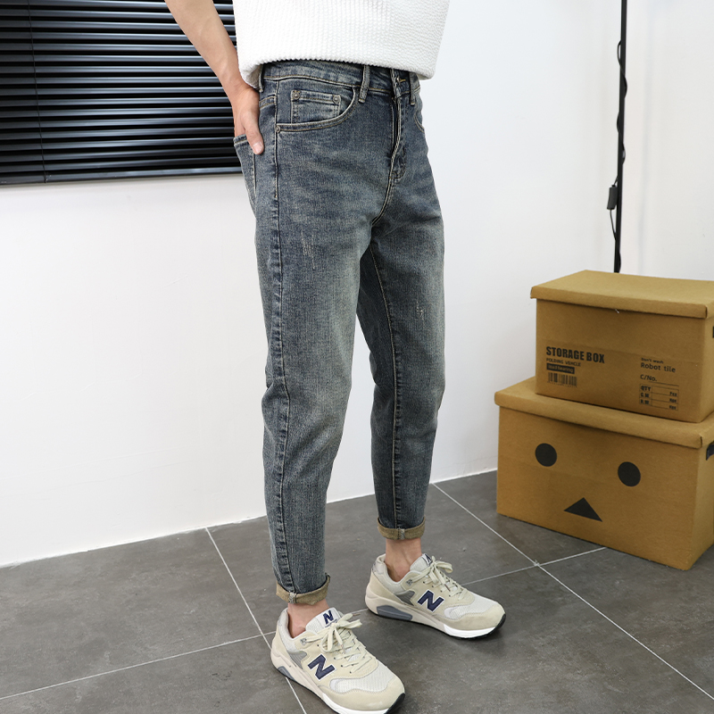 潮流做旧牛仔裤男韩版修身小脚2025秋季个性猫须百搭水洗长裤爆款