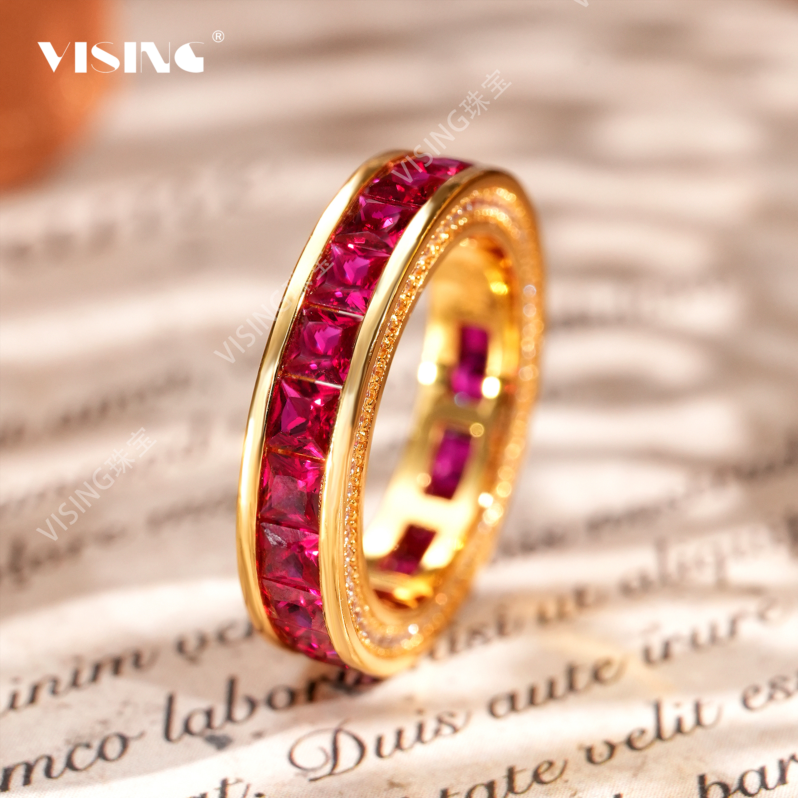 培育红宝石VISING培育合成红宝石鸿运戒指手工无缝拼钻金色指环