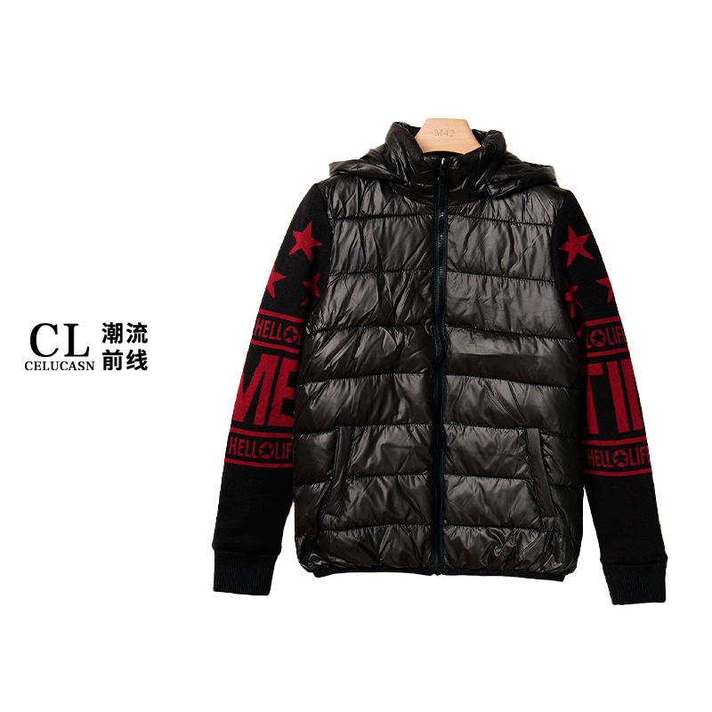 H5VBY136#秋冬新款提花拼接加厚保暖连帽棉服外套上衣女