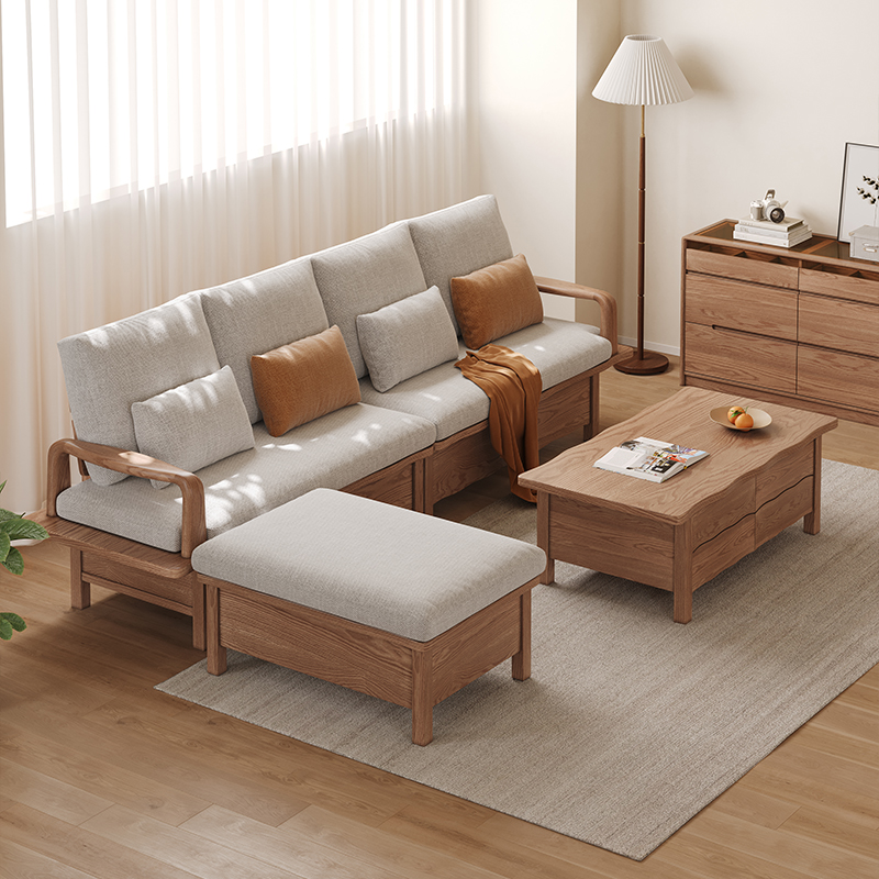 冬夏两用实木沙发白蜡木抽屉储物客厅收纳日式大板小户型转角沙发