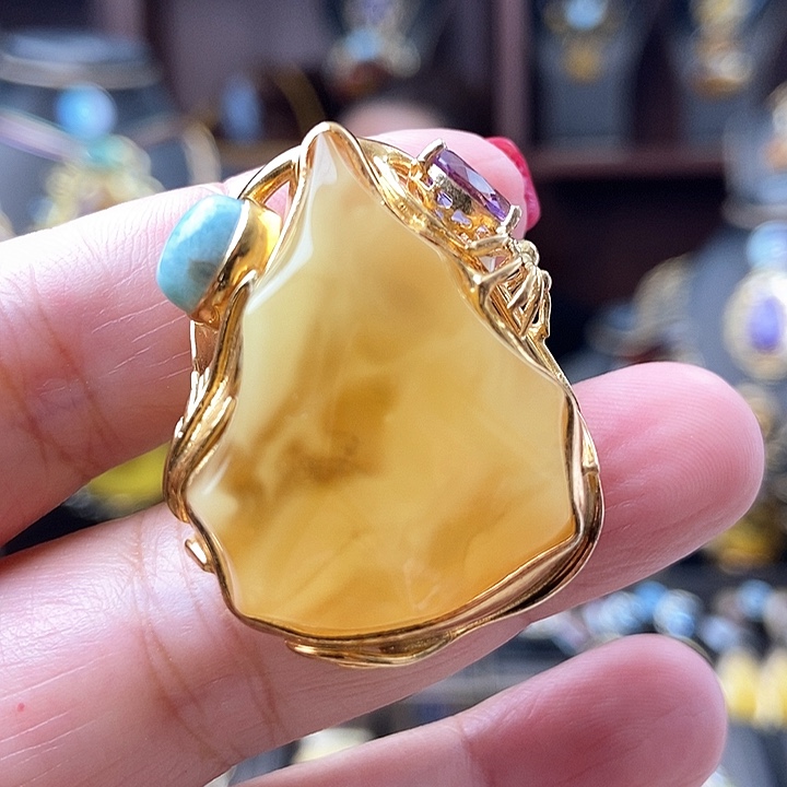 琥珀戒指银S925镶嵌戒指