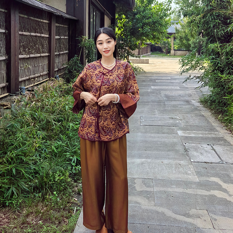 25姆米满桑红云纱凤凰于飞侧开襟一字扣国风衬衣12490